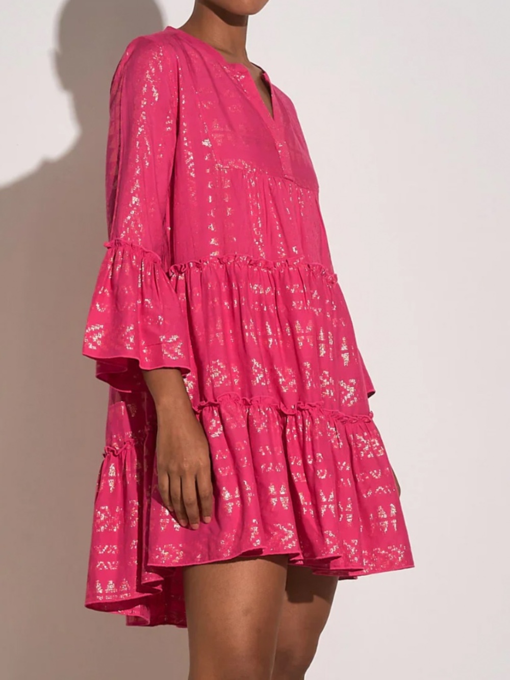 Elan Clara Tiered Midi Dress in Raspberry Metallic Combo Sz L EUC $99R - Picture 2 of 7